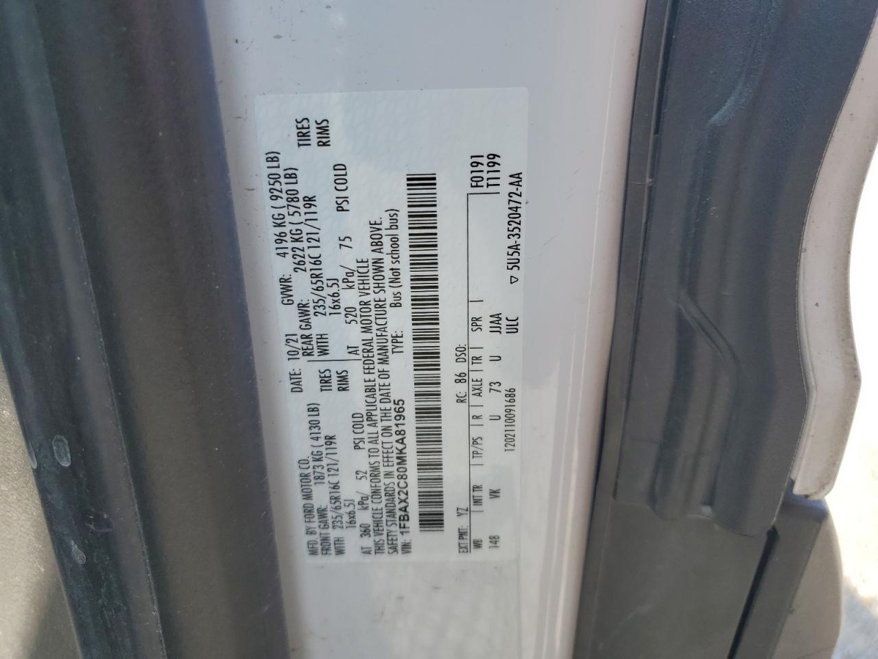 2021 Ford Transit T-350 VIN: 1FBAX2C80MKA81965 Lot: 60499655