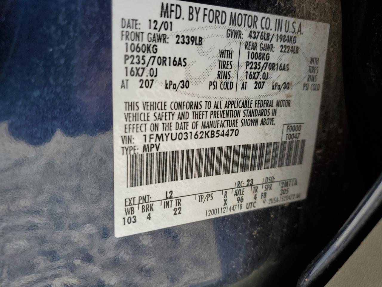 2002 Ford Escape Xlt VIN: 1FMYU03162KB54470 Lot: 62483095