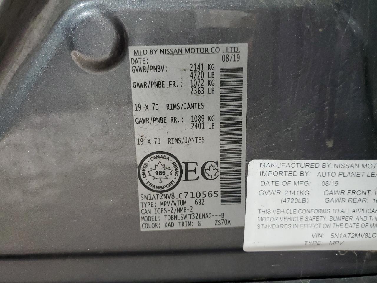 2020 Nissan Rogue S VIN: 5N1AT2MV8LC710565 Lot: 62462465
