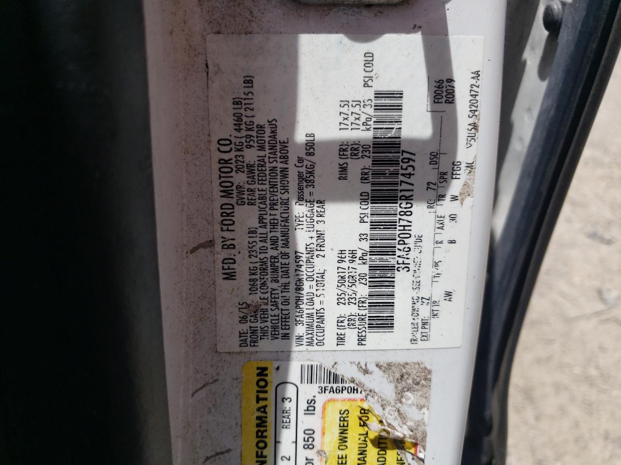 2016 Ford Fusion Se VIN: 3FA6P0H78GR174597 Lot: 62966955