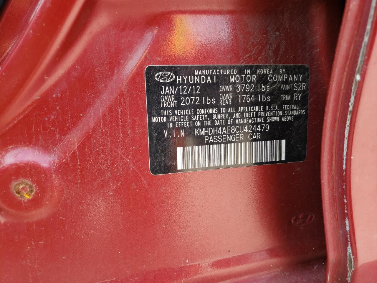 2012 Hyundai Elantra Gls VIN: KMHDH4AE8CU424479 Lot: 57813865