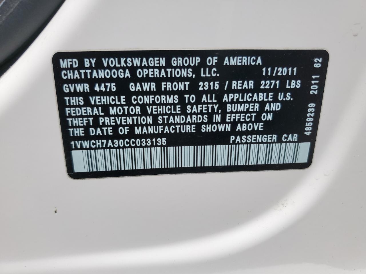 2012 Volkswagen Passat Sel VIN: 1VWCH7A30CC033135 Lot: 62585765