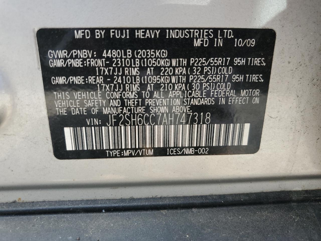 2010 Subaru Forester 2.5X Premium VIN: JF2SH6CC7AH747318 Lot: 61832835
