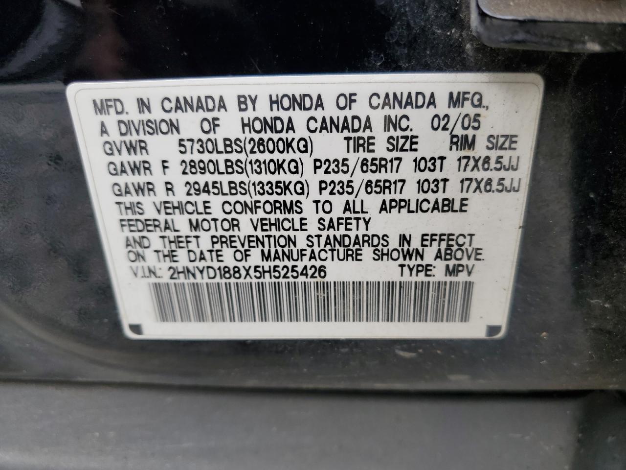 2005 Acura Mdx Touring VIN: 2HNYD188X5H525426 Lot: 62082755
