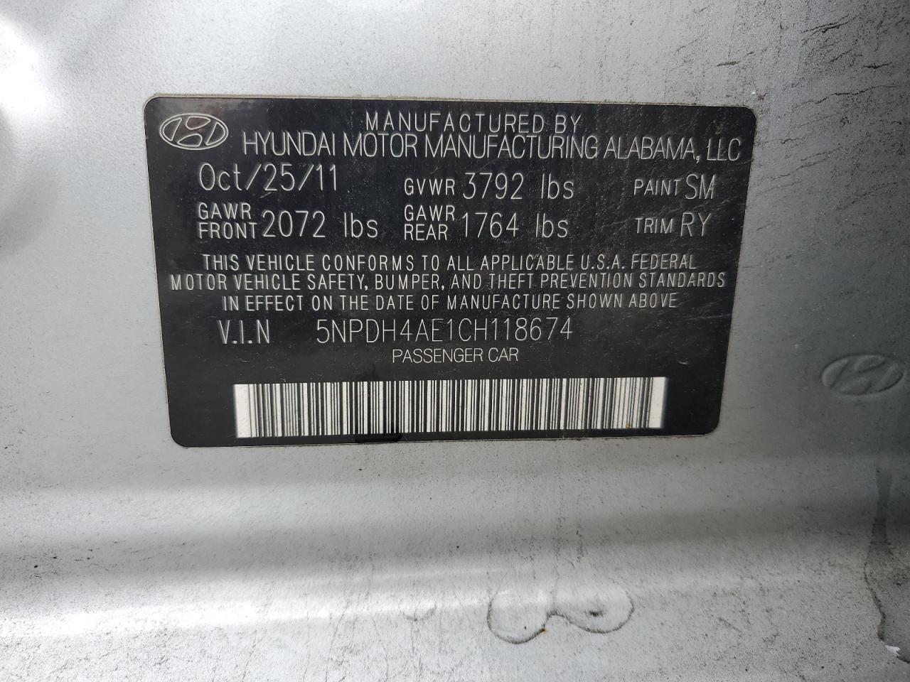 2012 Hyundai Elantra Gls VIN: 5NPDH4AE1CH118674 Lot: 60054915