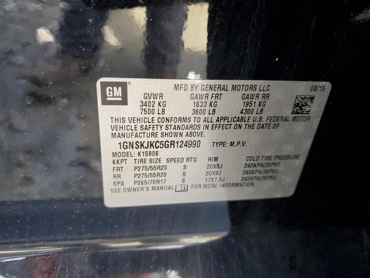 2016 Chevrolet Suburban K1500 Ltz VIN: 1GNSKJKC5GR124990 Lot: 60360275