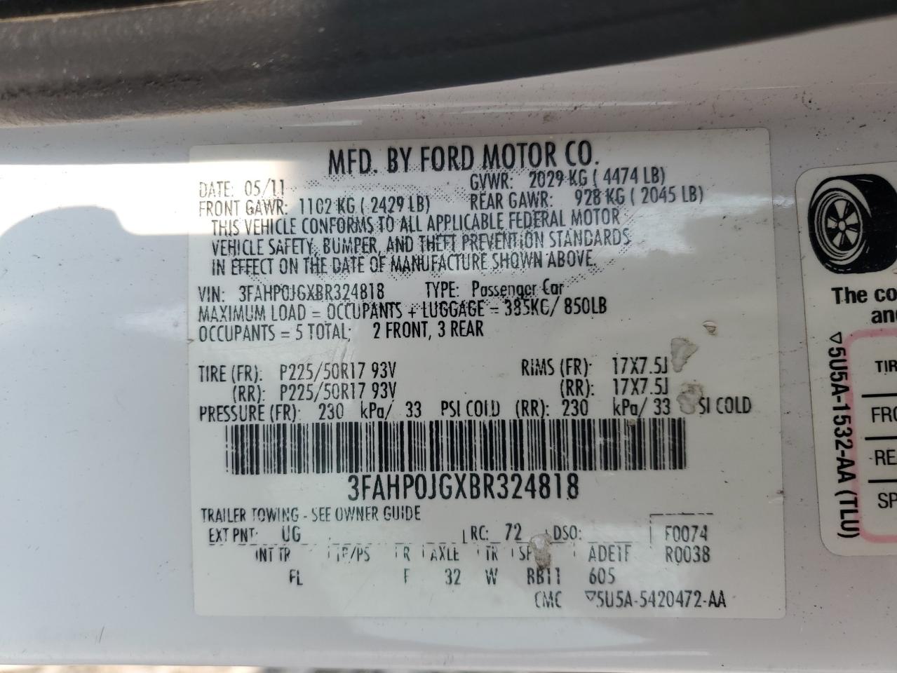 2011 Ford Fusion Sel VIN: 3FAHP0JGXBR324818 Lot: 59045085