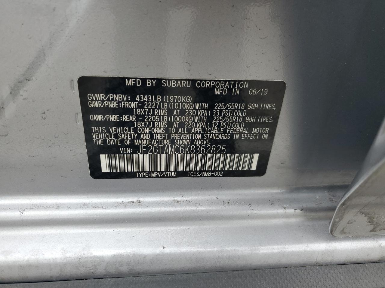 2019 Subaru Crosstrek Limited VIN: JF2GTAMC6K8362825 Lot: 60886445