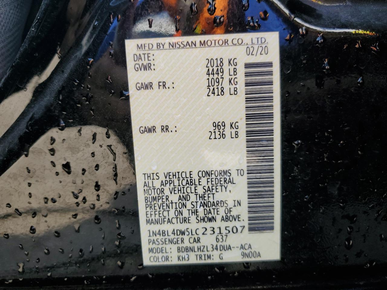 2020 Nissan Altima Sv VIN: 1N4BL4DW5LC231507 Lot: 62990335