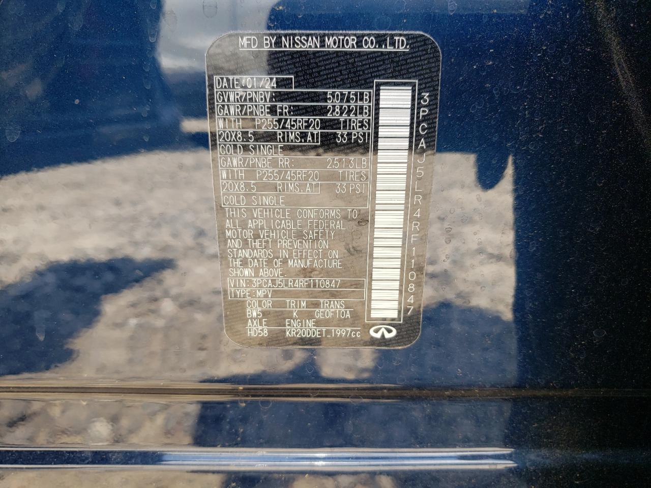 2024 Infiniti Qx55 Sensory VIN: 3PCAJ5LR4RF110847 Lot: 62195785