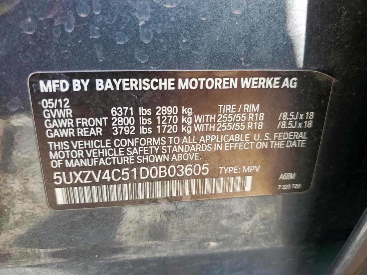 2013 BMW X5 xDrive35I VIN: 5UXZV4C51D0B03605 Lot: 62035545