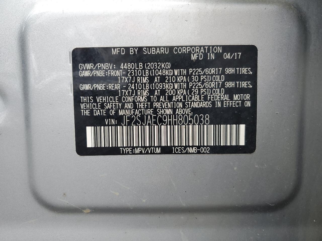 2017 Subaru Forester 2.5I Premium VIN: JF2SJAEC9HH805038 Lot: 61201495