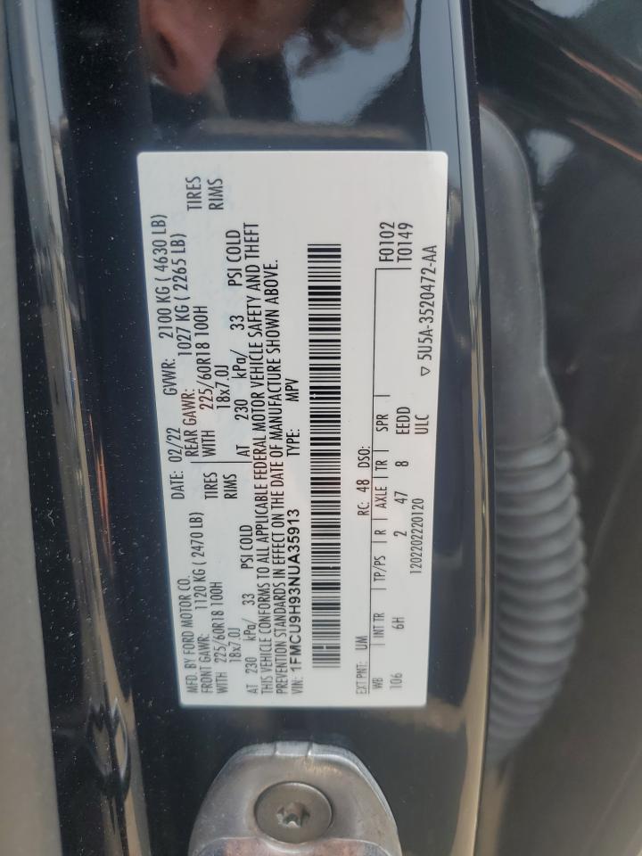2022 Ford Escape Sel VIN: 1FMCU9H93NUA35913 Lot: 60508905