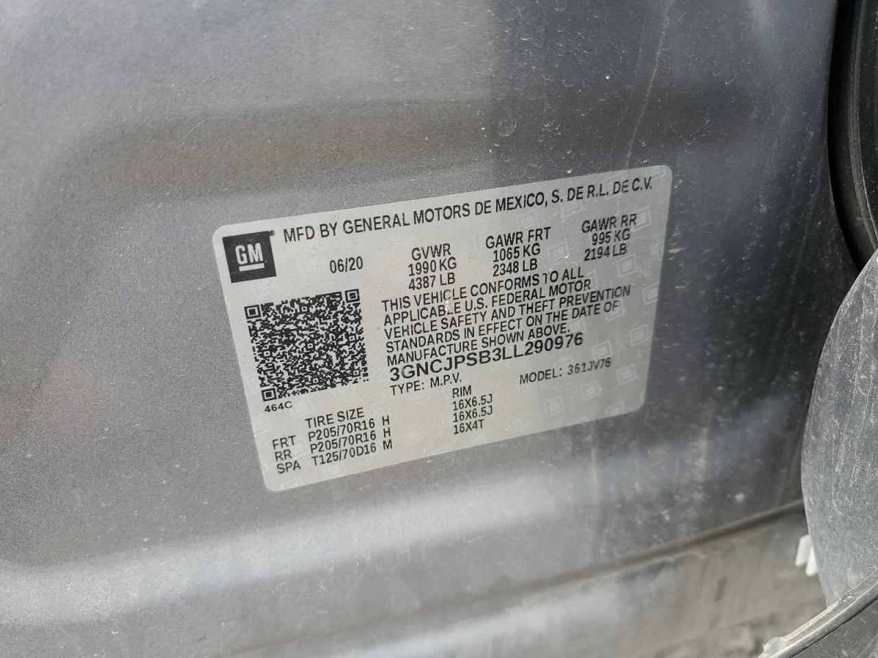 2020 Chevrolet Trax 1Lt VIN: 3GNCJPSB3LL290976 Lot: 62693615