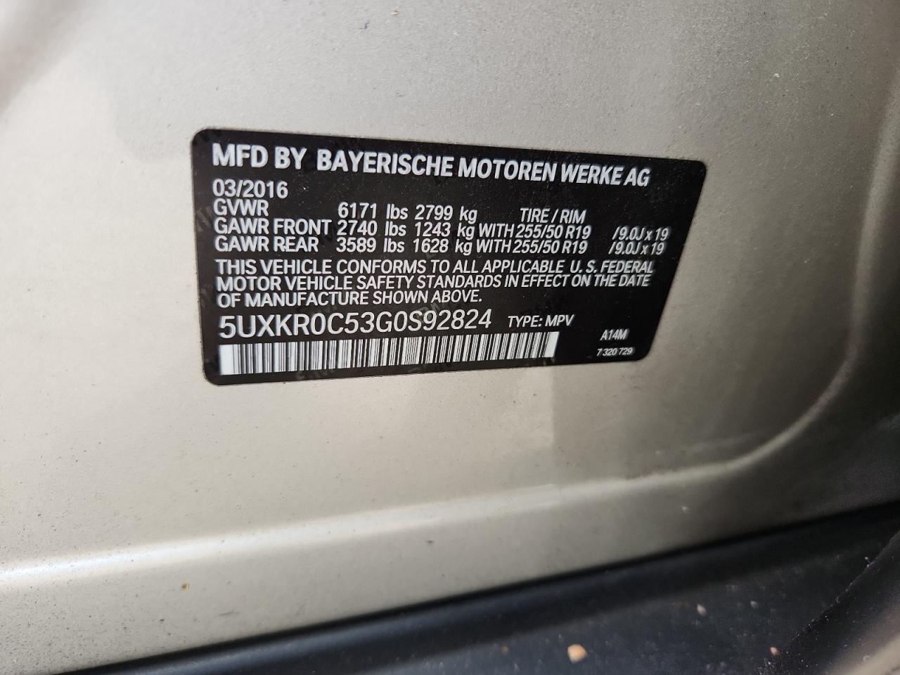 2016 BMW X5 xDrive35I VIN: 5UXKR0C53G0S92824 Lot: 62911315