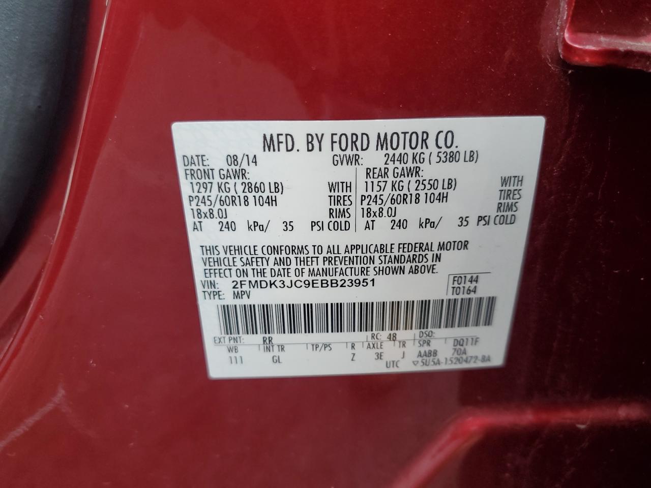 2014 Ford Edge Sel VIN: 2FMDK3JC9EBB23951 Lot: 63045875