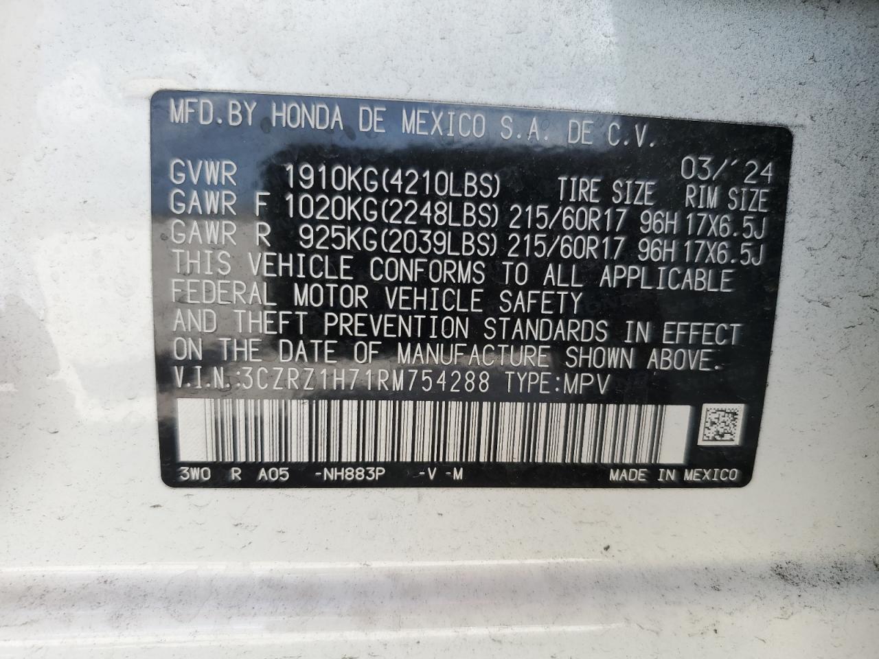 2024 Honda Hr-V Exl VIN: 3CZRZ1H71RM754288 Lot: 61482815