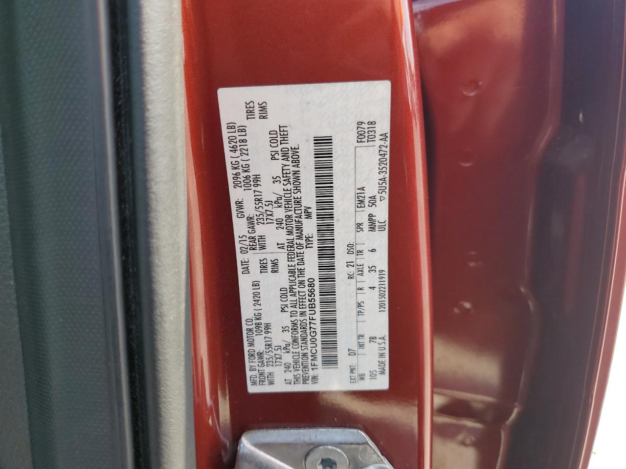2015 Ford Escape Se VIN: 1FMCU0G77FUB55680 Lot: 62817085