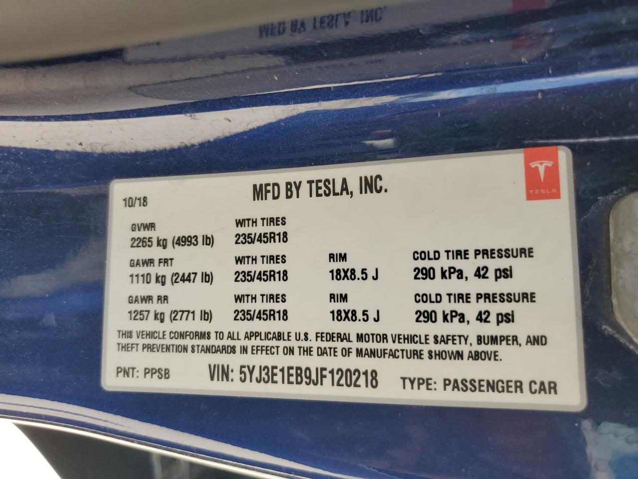 2018 Tesla Model 3 VIN: 5YJ3E1EB9JF120218 Lot: 63093235