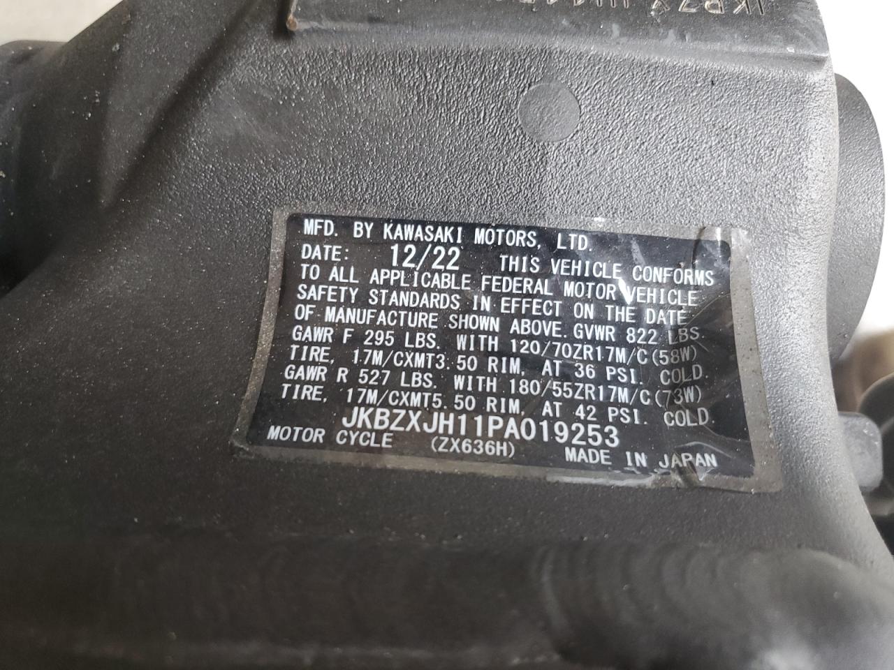 2023 Kawasaki Zx636 K VIN: JKBZXJH11PA019253 Lot: 59626165