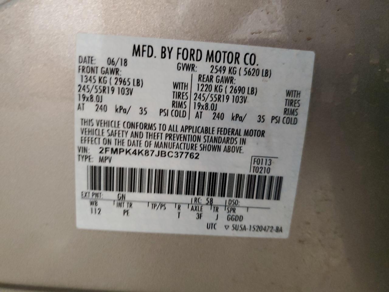 2018 Ford Edge Titanium VIN: 2FMPK4K87JBC37762 Lot: 62921075