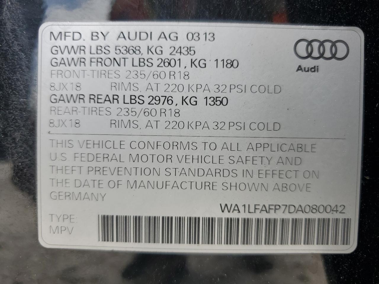 2013 Audi Q5 Premium Plus VIN: WA1LFAFP7DA080042 Lot: 62693775