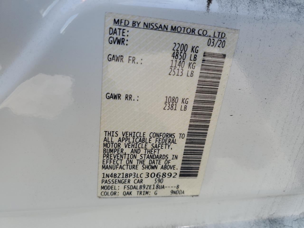 2020 Nissan Leaf S Plus VIN: 1N4BZ1BP3LC306892 Lot: 61743535