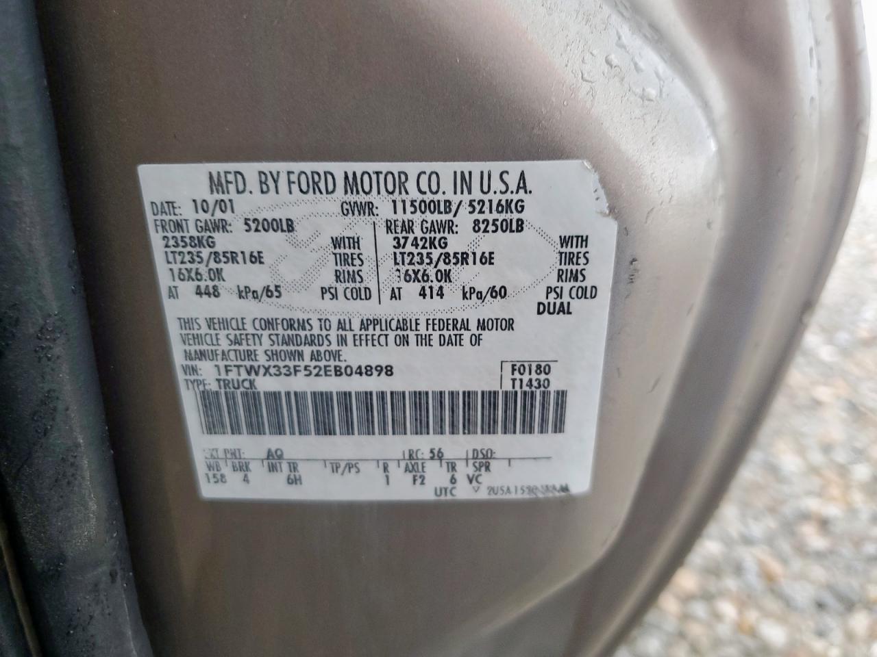 2002 Ford F350 Super Duty VIN: 1FTWX33F52EB04898 Lot: 59594185