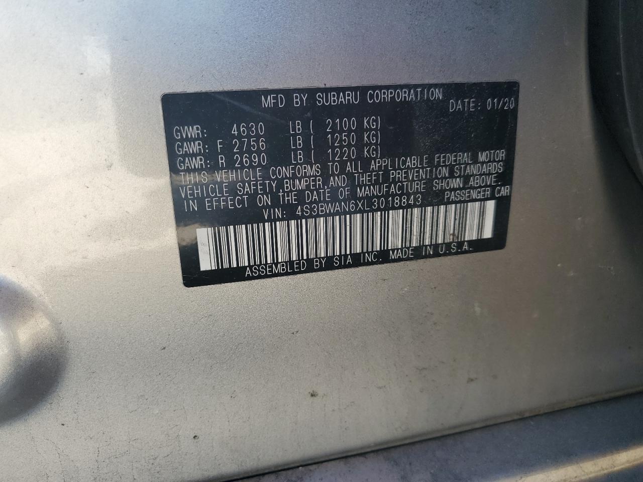 2020 Subaru Legacy Limited VIN: 4S3BWAN6XL3018843 Lot: 61237895