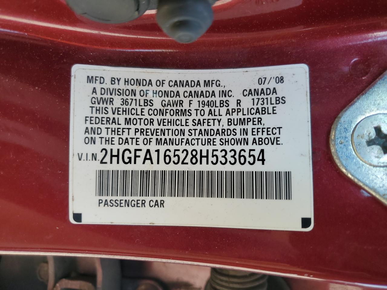 2008 Honda Civic Lx VIN: 2HGFA16528H533654 Lot: 62166135