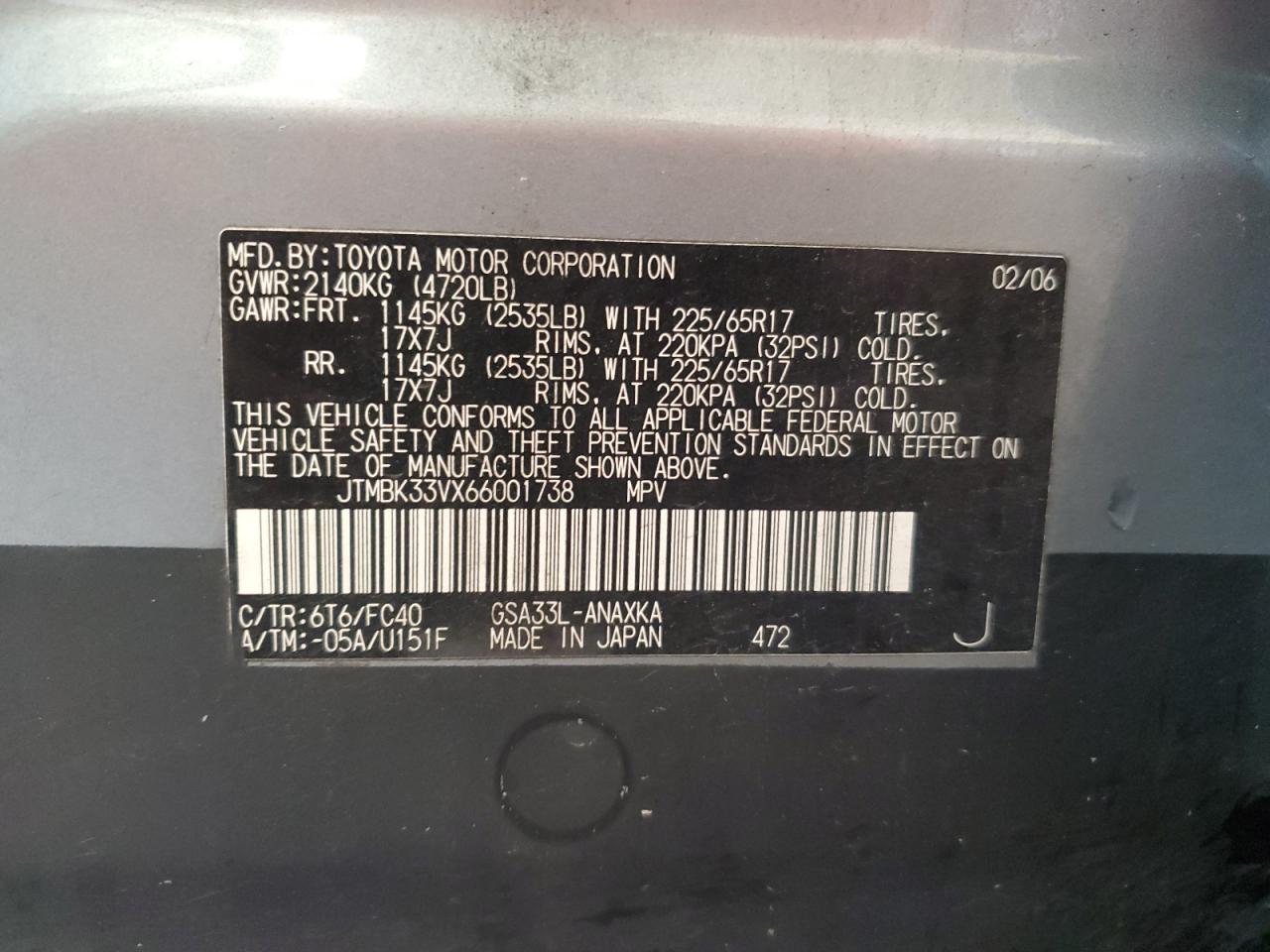 TOYOTA RAV4 2006 VIN JTMBK33VX66001738 photo 12