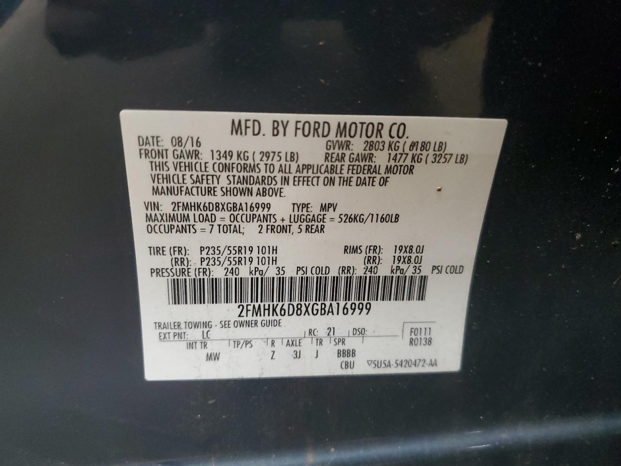 2016 Ford Flex Limited VIN: 2FMHK6D8XGBA16999 Lot: 62124815