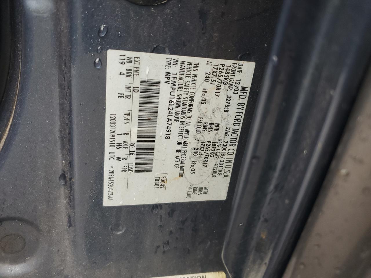 2004 Ford Expedition Xlt VIN: 1FMPU16L24LA74918 Lot: 60278905