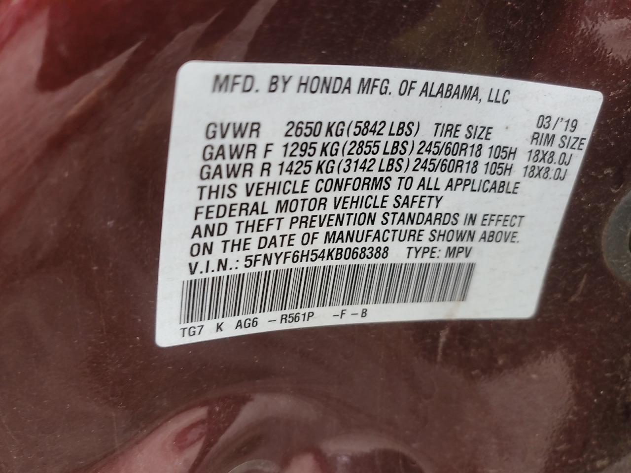 2019 Honda Pilot Exl VIN: 5FNYF6H54KB068388 Lot: 62381375
