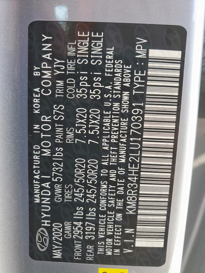 2020 Hyundai Palisade Sel VIN: KM8R34HE2LU170391 Lot: 61227485