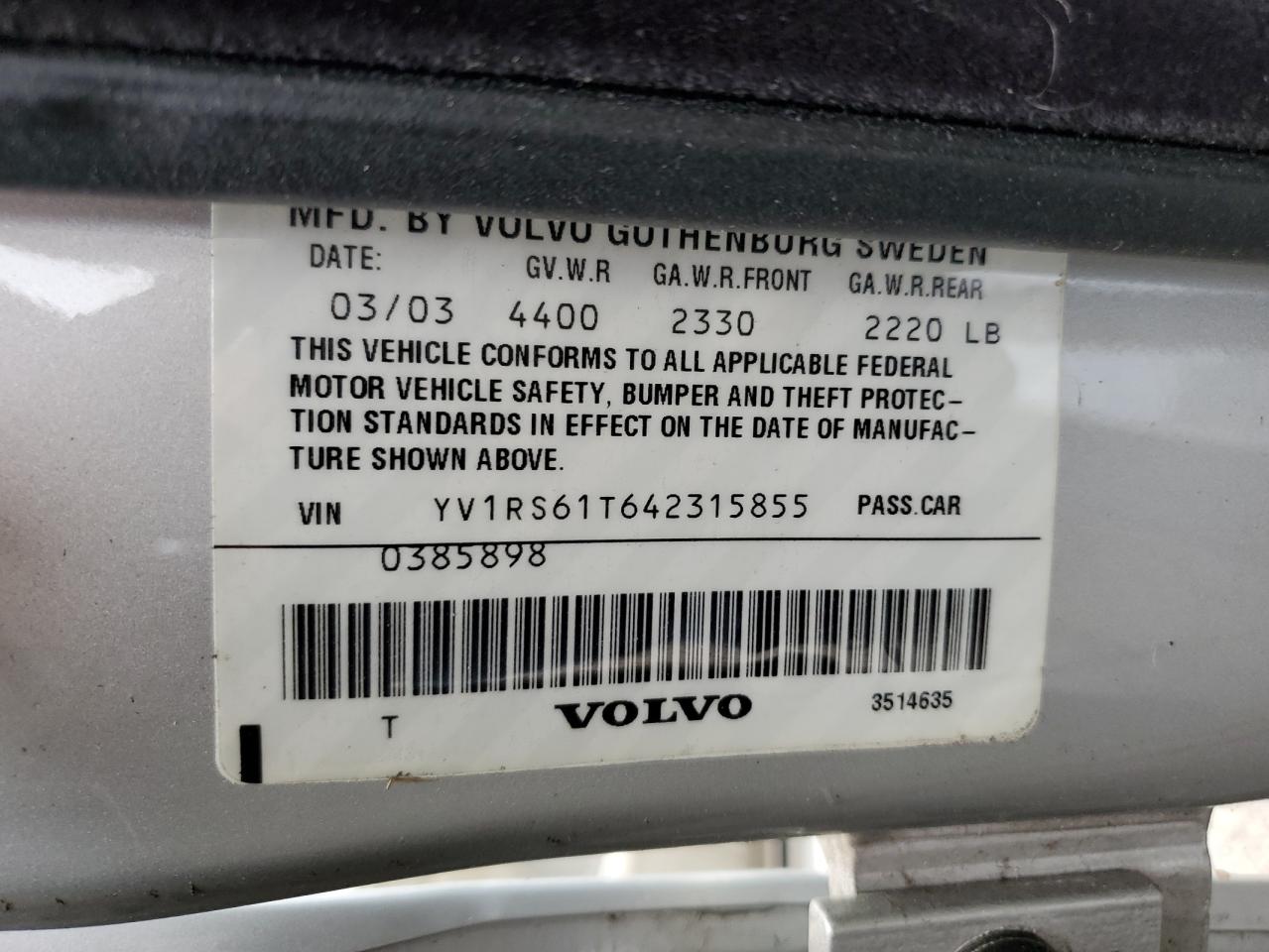 2004 Volvo S60 VIN: YV1RS61T642315855 Lot: 62526535