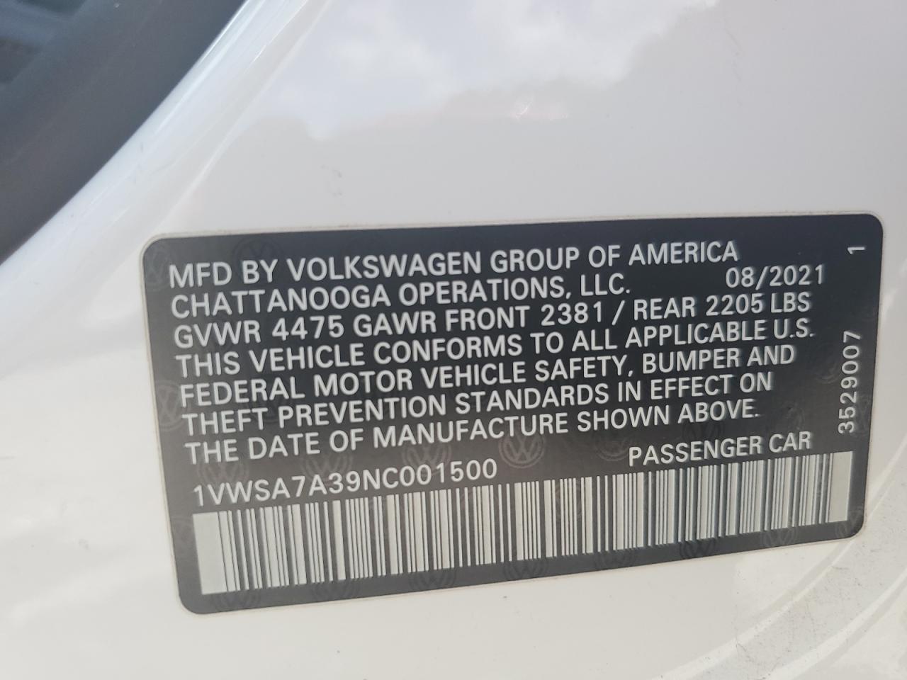 2022 Volkswagen Passat Se VIN: 1VWSA7A39NC001500 Lot: 61481495
