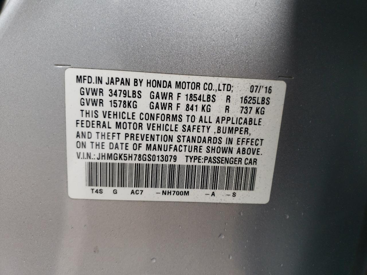 2016 Honda Fit Ex VIN: JHMGK5H78GS013079 Lot: 59520685