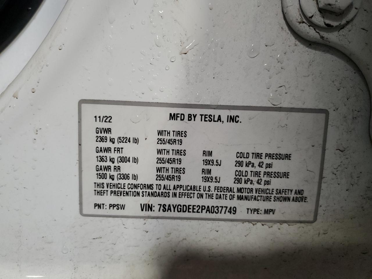 2023 Tesla Model Y VIN: 7SAYGDEE2PA037749 Lot: 59943705