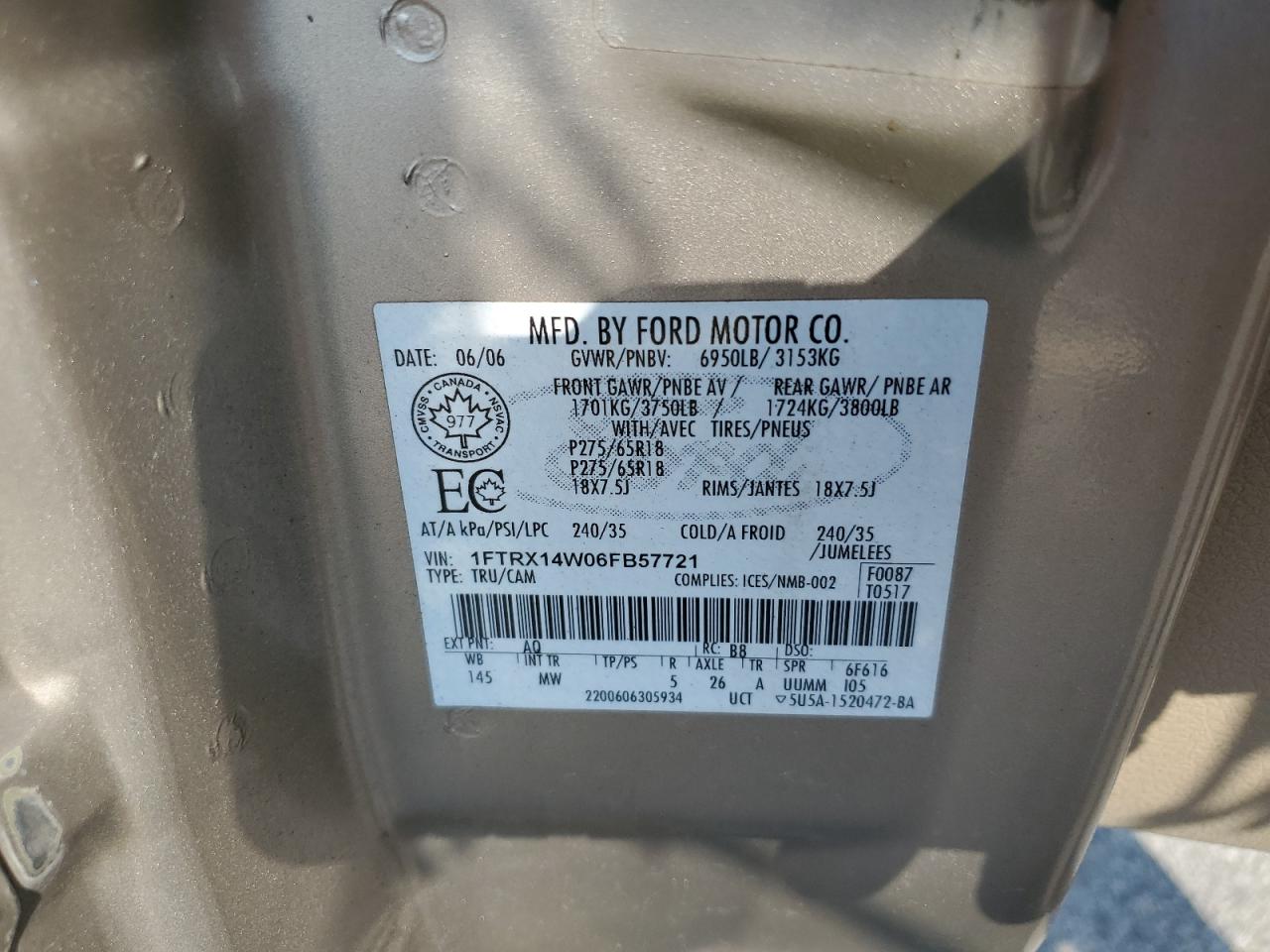 2006 Ford F150 VIN: 1FTRX14W06FB57721 Lot: 60270605