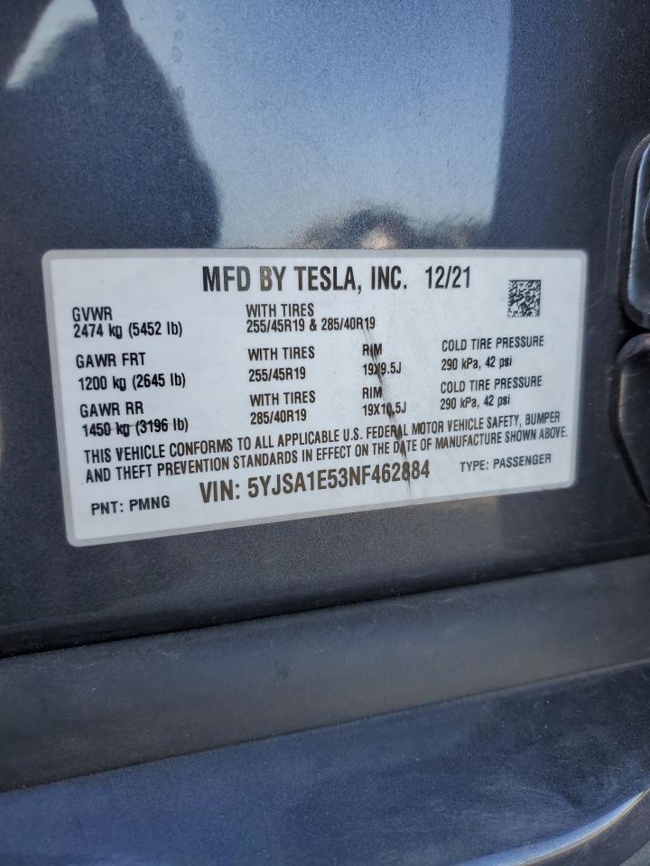 2022 Tesla Model S VIN: 5YJSA1E53NF462884 Lot: 62701915