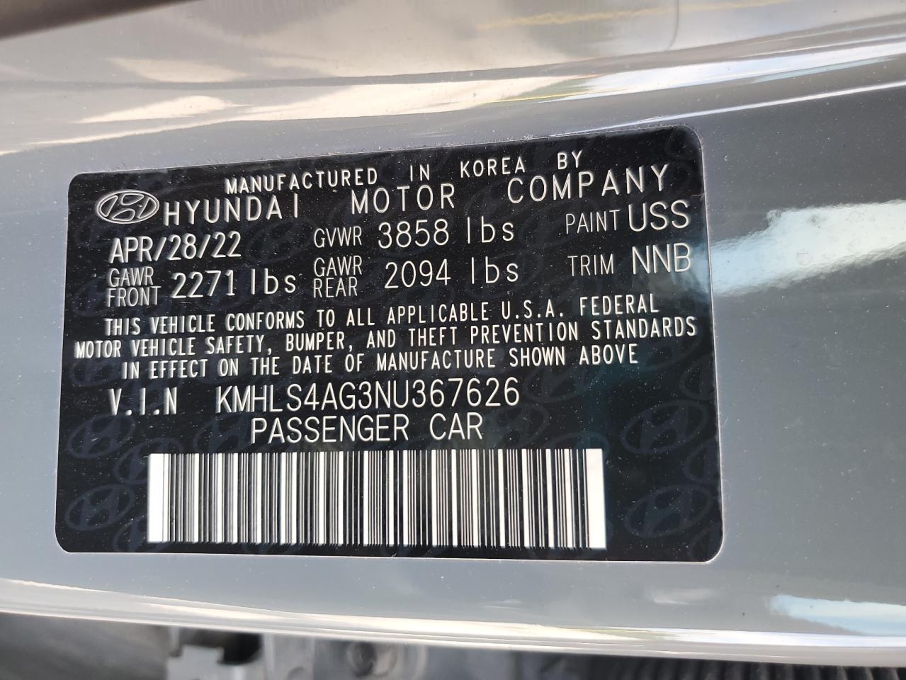 2022 Hyundai Elantra Sel VIN: KMHLS4AG3NU367626 Lot: 62859895