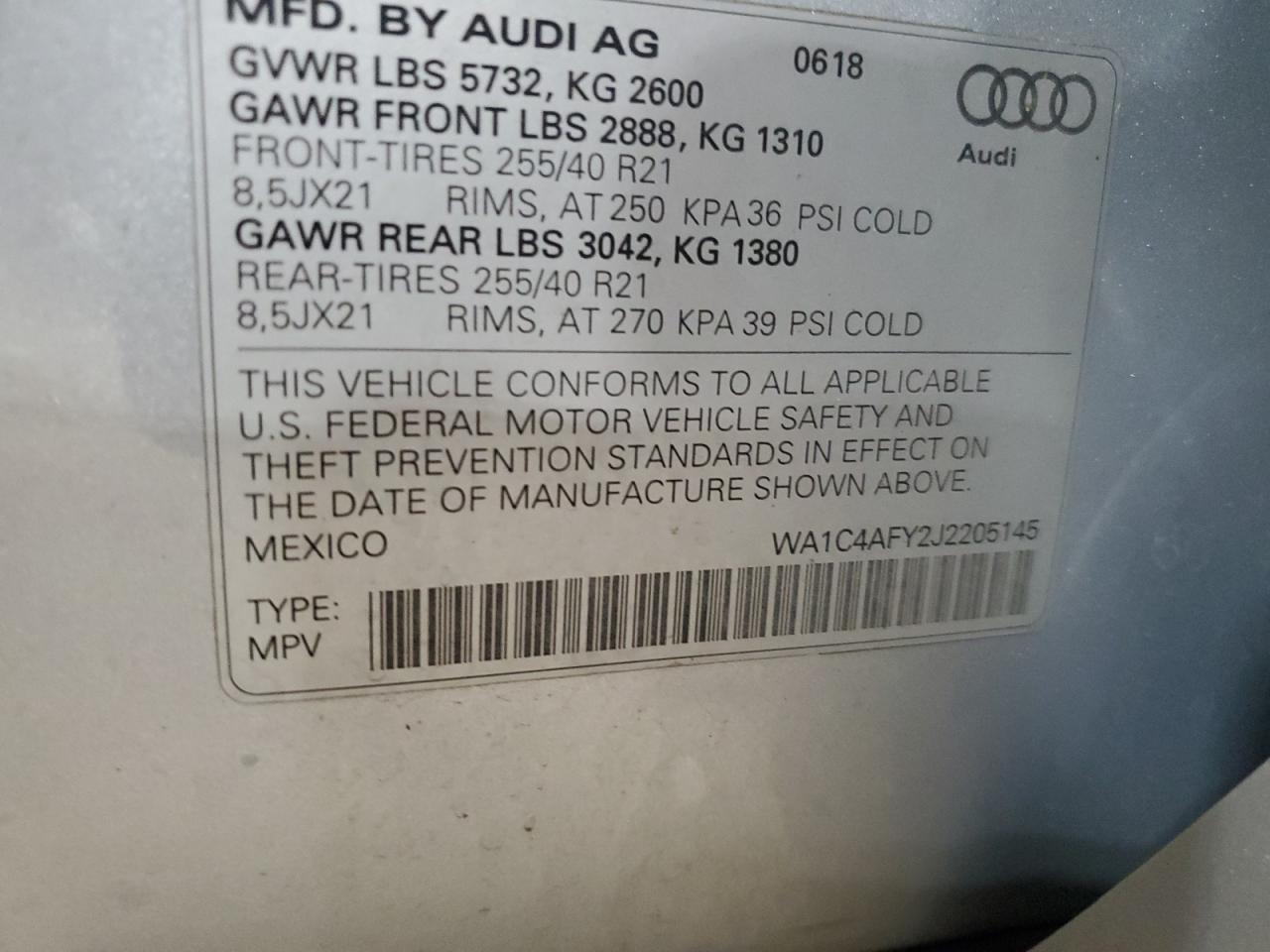 2018 Audi Sq5 Prestige VIN: WA1C4AFY2J2205145 Lot: 62276795