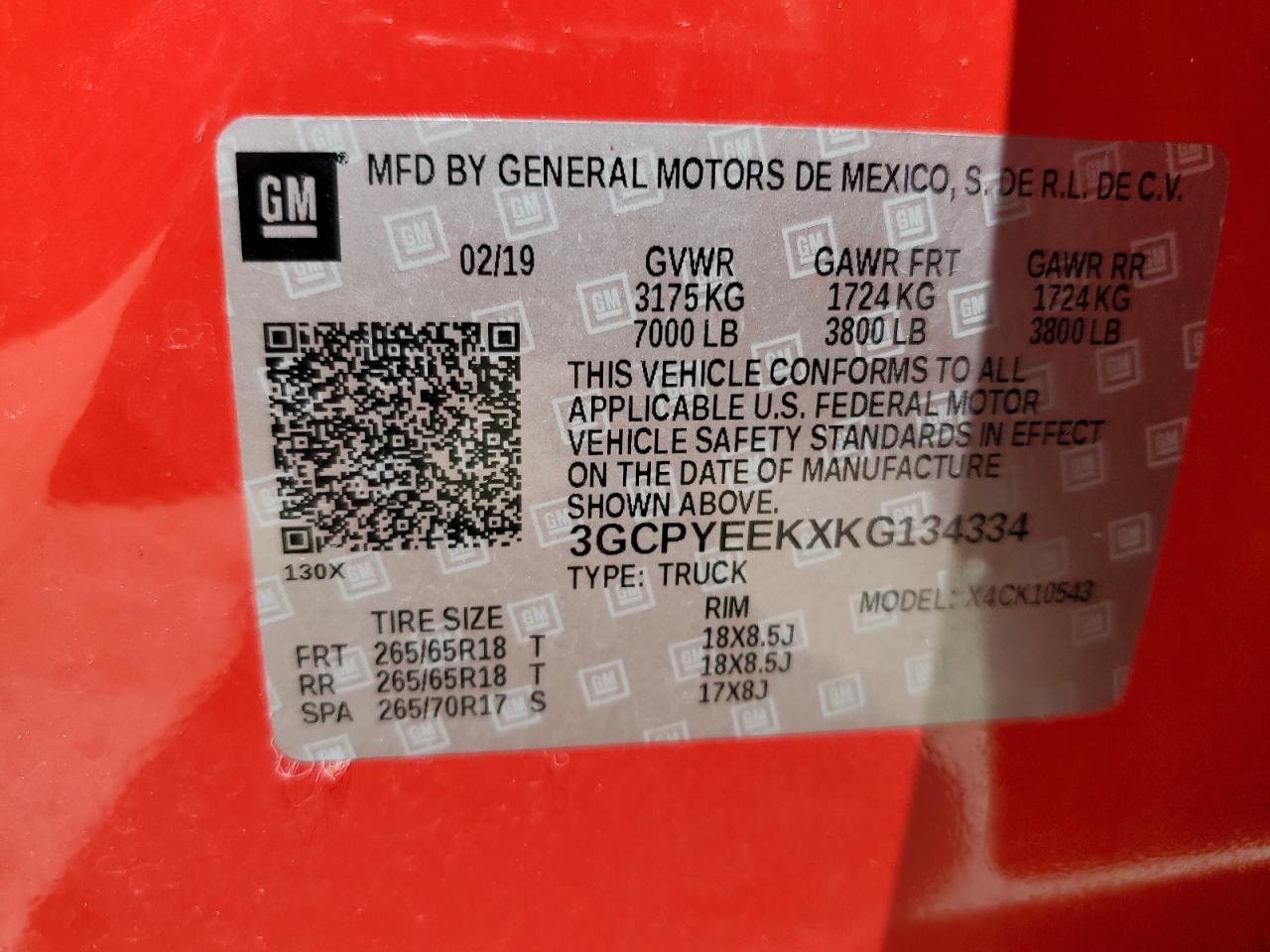 2019 Chevrolet Silverado K1500 Rst VIN: 3GCPYEEKXKG134334 Lot: 60879475