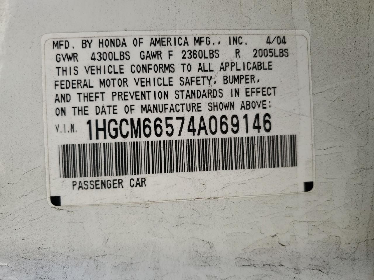 2004 Honda Accord Ex VIN: 1HGCM66574A069146 Lot: 59865475