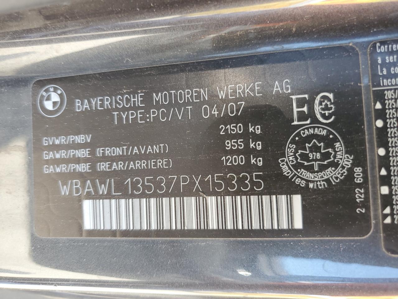 2007 BMW 328 I VIN: WBAWL13537PX15335 Lot: 61801245