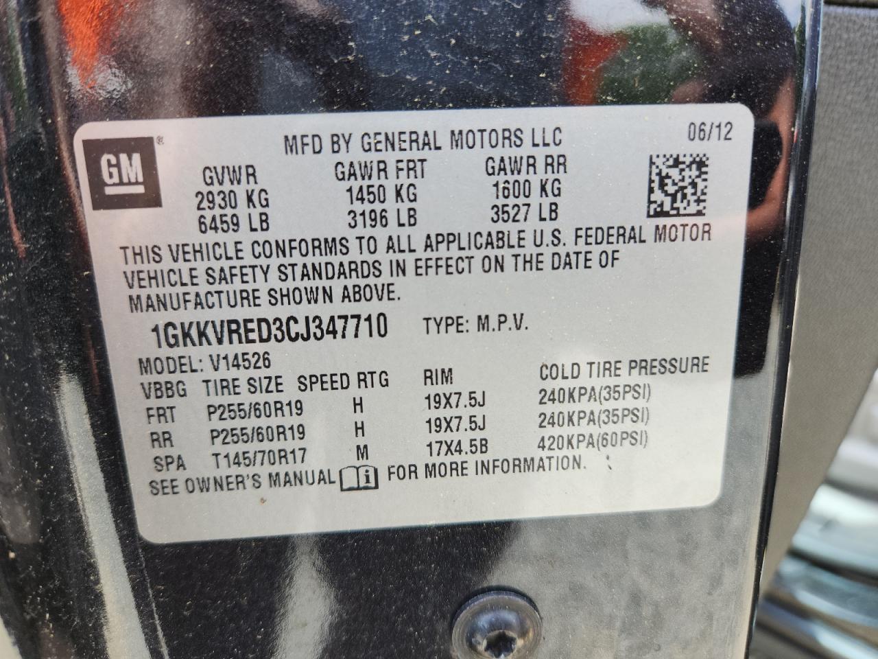 2012 GMC Acadia Slt-1 VIN: 1GKKVRED3CJ347710 Lot: 61126105