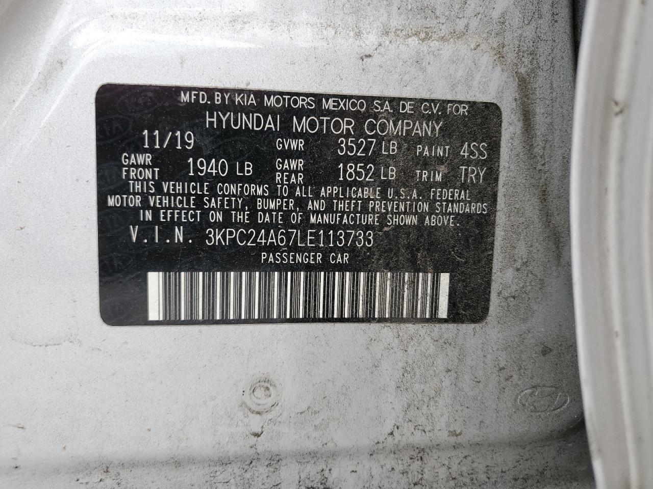 2020 Hyundai Accent Se VIN: 3KPC24A67LE113733 Lot: 58986965