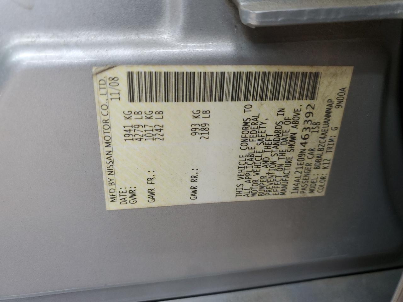 NISSAN ALTIMA 2009 VIN 1N4AL21E09N463392 фото 12