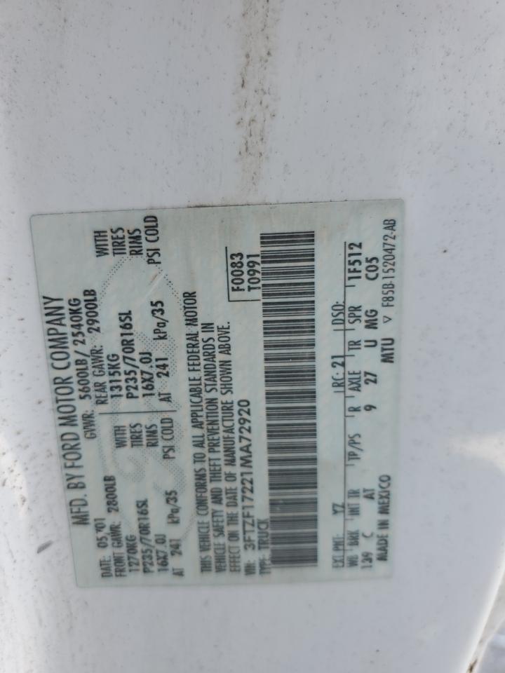 2001 Ford F150 VIN: 3FTZF17221MA72920 Lot: 60355425